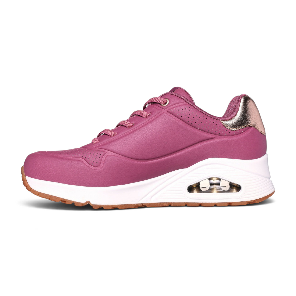 FRG SKECHERS Street Tres-Air Uno Vision-Airy sneaker in magenta with a metallic gold heel and white cushioned sole