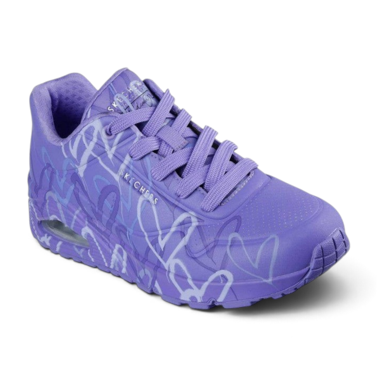 FRG Skechers Street Uno Spread the Love purple wedge sneaker with heart print pattern and cushioned air sole