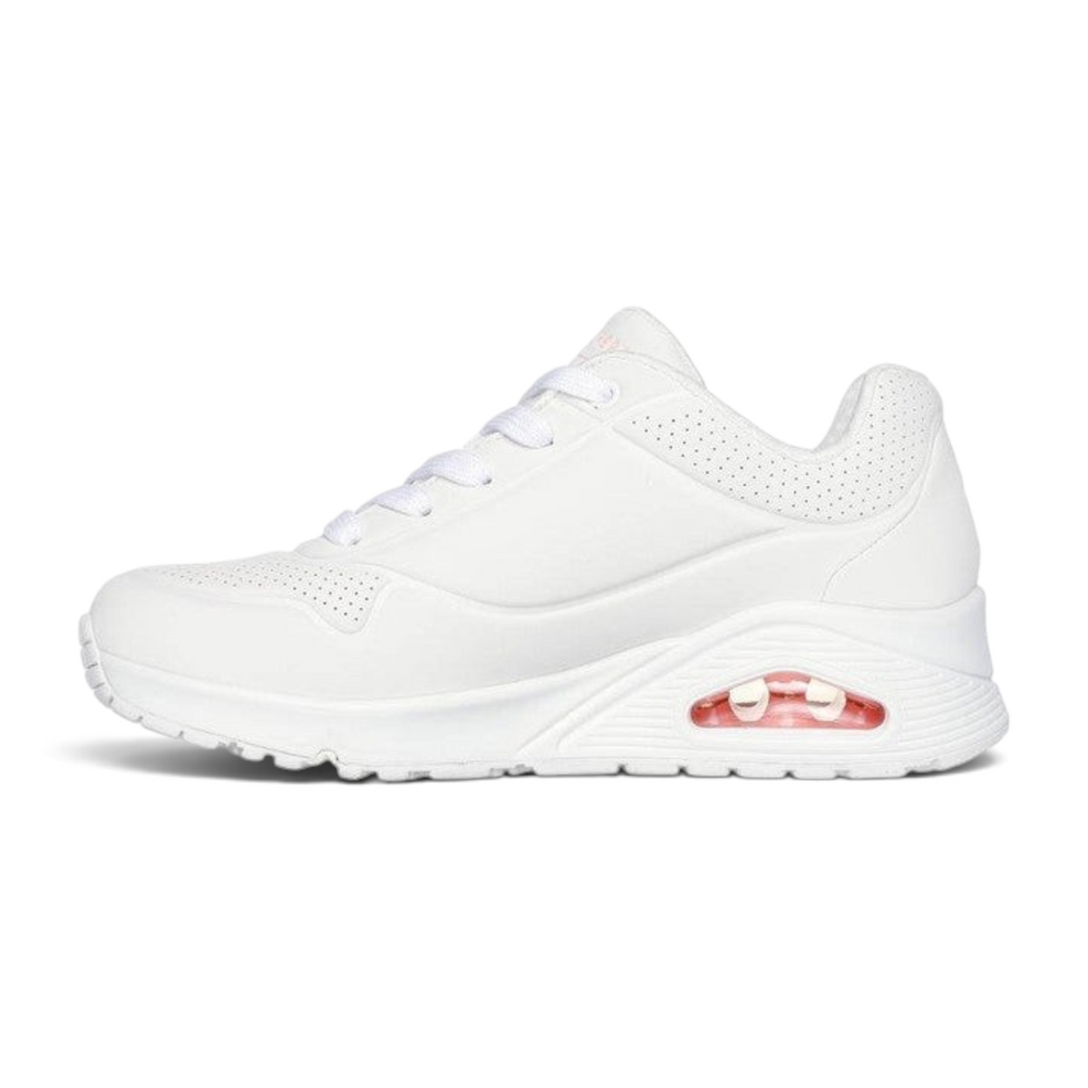 FRG Skechers Uno platform sneaker in white with signature heart print and visible air-cushioned heel