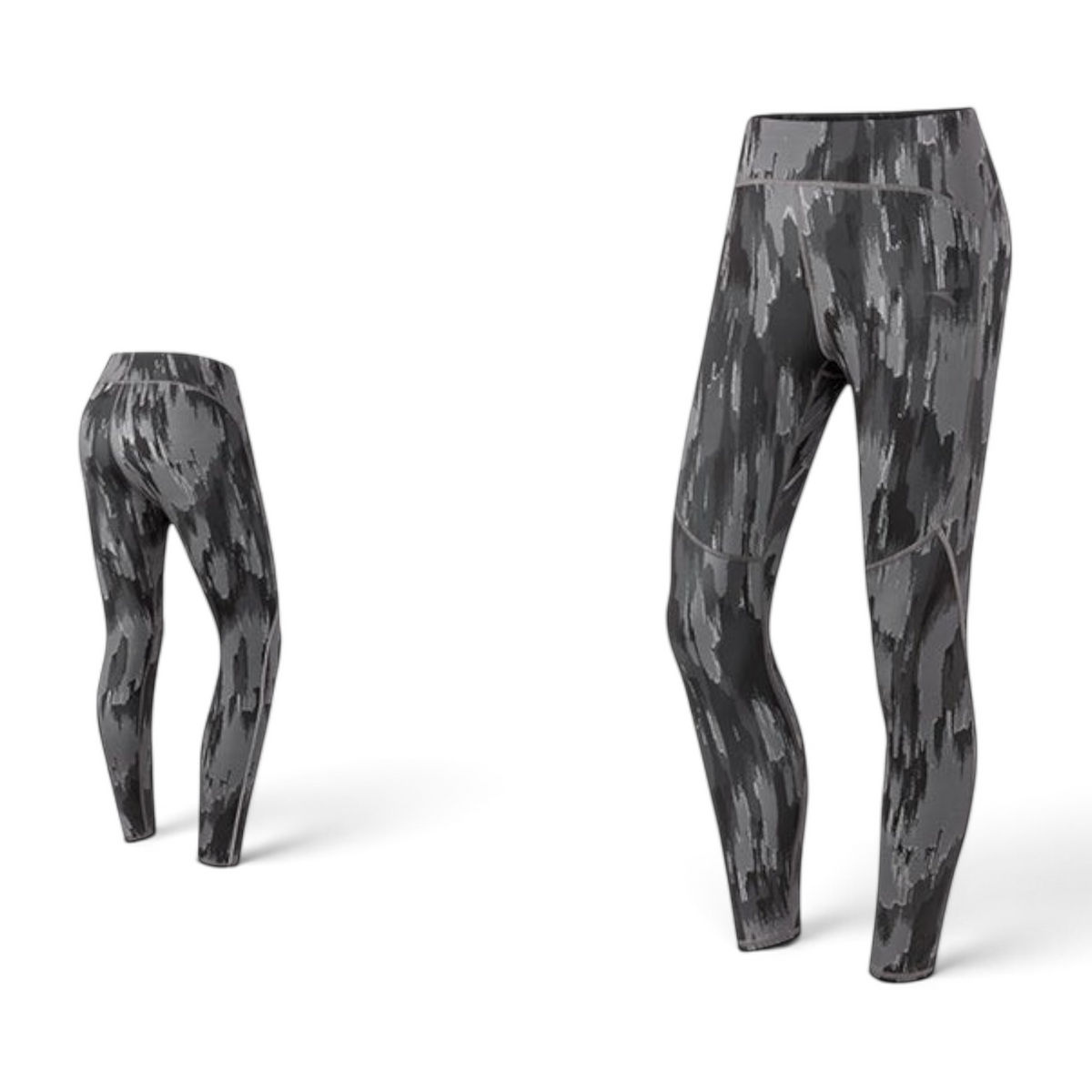 FRG ANTA A-Cool grey camouflage running tight ankle pants showing front and back views for athletic performance.