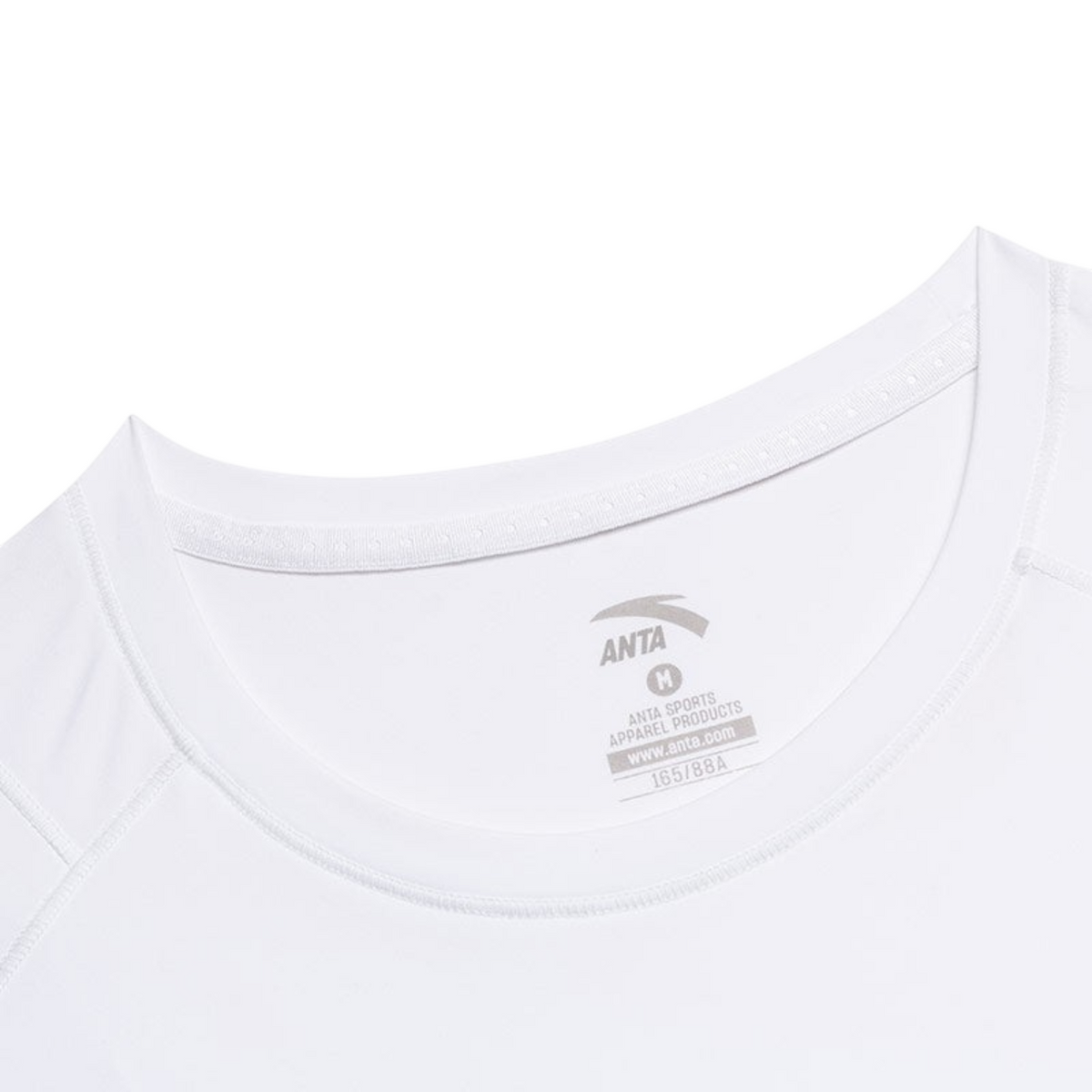 FRG white short sleeve crew neck t-shirt with moisture-wicking athletic fabric and interior branding detail