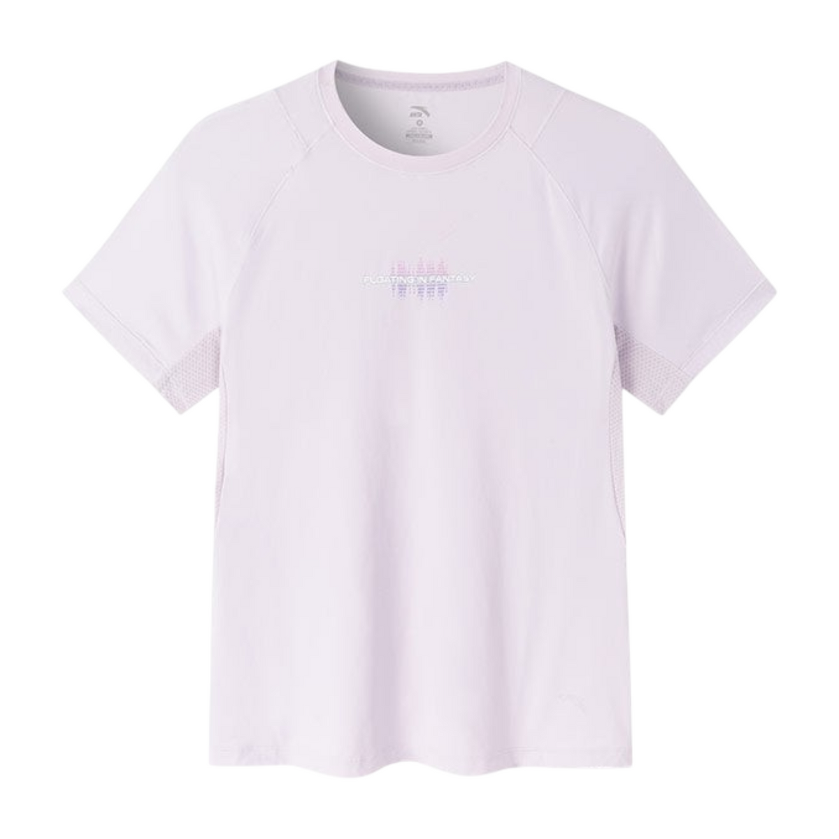 FRG light purple short sleeve athletic t-shirt with mesh side panels and a small chest graphic
