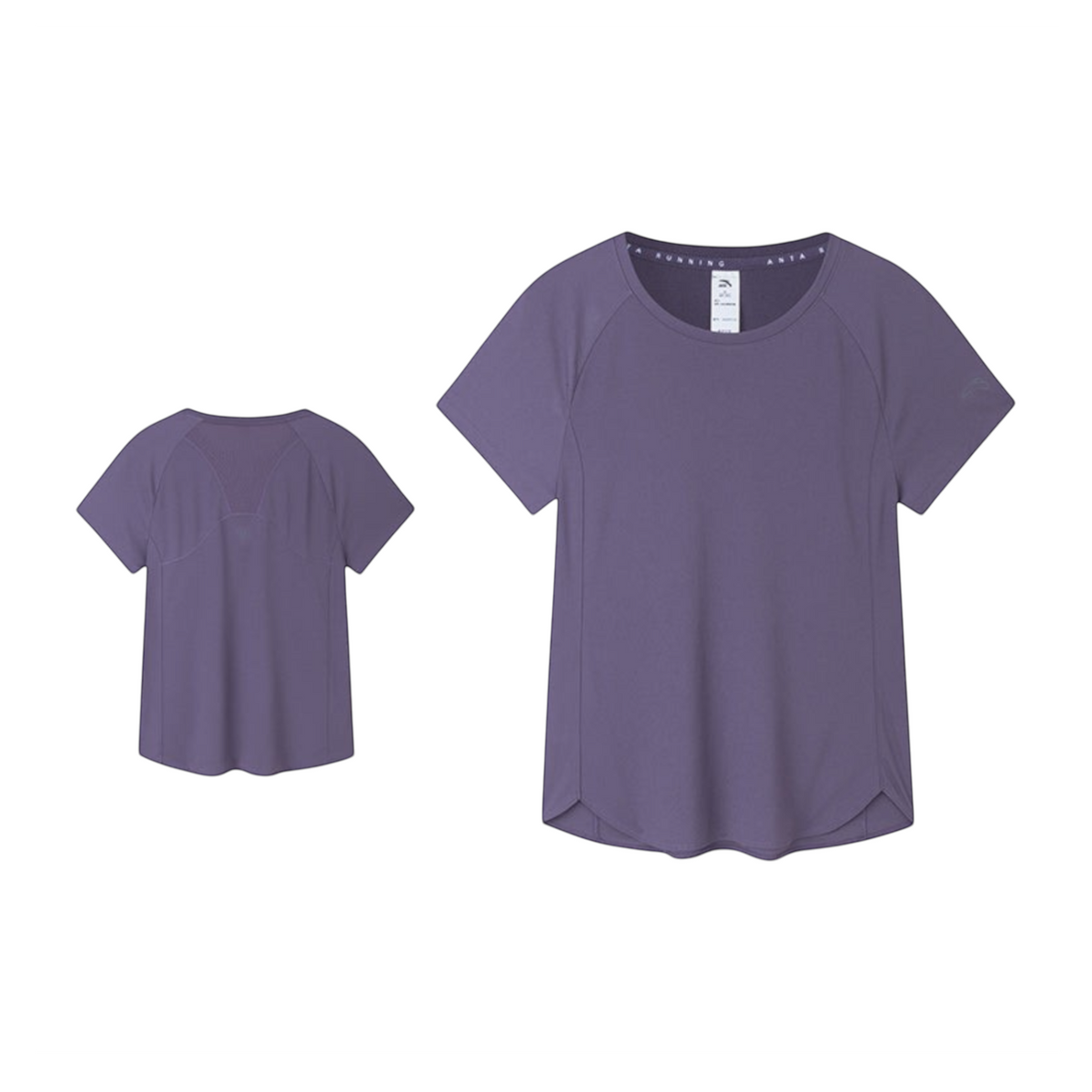 FRG ANTA purple short sleeve running t-shirt with sweat-resistant fabric and UV protection, front and back view