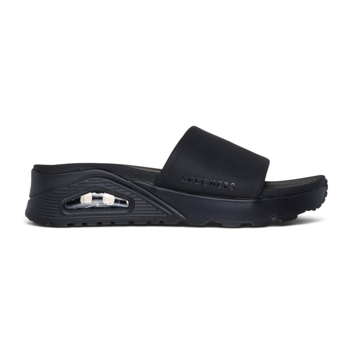 FRG UNO STAND TOGETHER black slip-on sandals with a thick platform sole and visible air cushioning unit