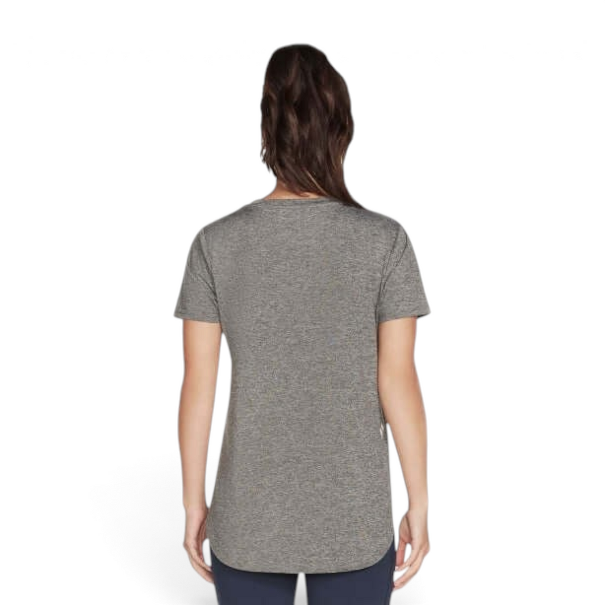 FRG Skechers women's black knit short sleeve tunic viewed from the back with a curved hemline