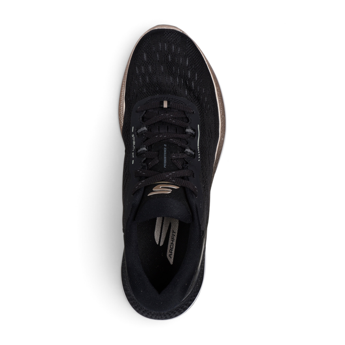FRG Skechers GO RUN Persistence 2 black running shoe with breathable mesh upper and Arch Fit insole, top view.