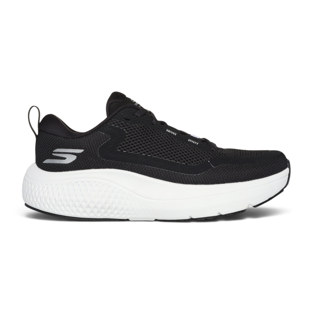 FRG GO RUN SUPERSONIC MAX black mesh running shoe with a thick white cushioned midsole and side logo detail