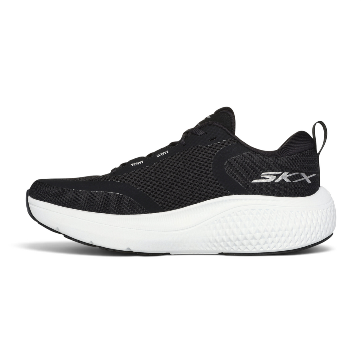 FRG GO RUN SUPERSONIC MAX running shoe in black mesh with a thick white cushioned midsole and silver SKX logo