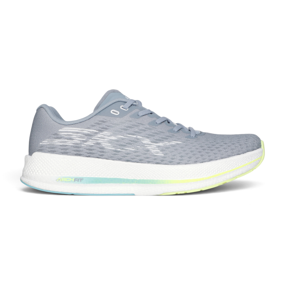 FRG Skechers GO RUN Razor 5 grey running shoe with breathable mesh upper, white cushioned midsole, and rubber outsole.