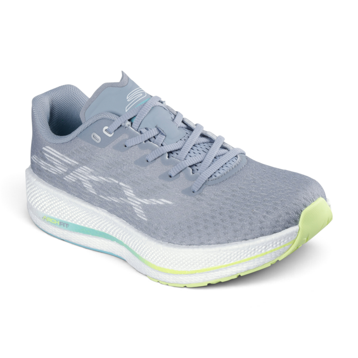 FRG Skechers GO RUN Razor 5 running shoe in grey with breathable mesh, white cushioned midsole, and lime accents.