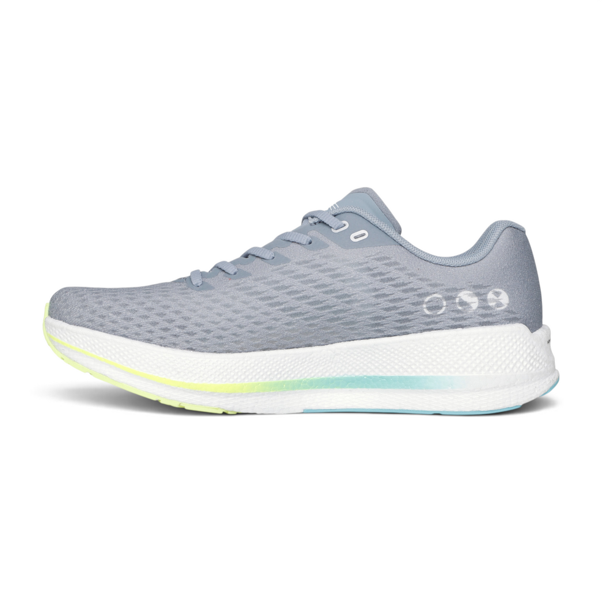 FRG Skechers GO RUN Razor 5 grey running shoe with breathable mesh upper, white cushioned midsole, and rocker bottom.