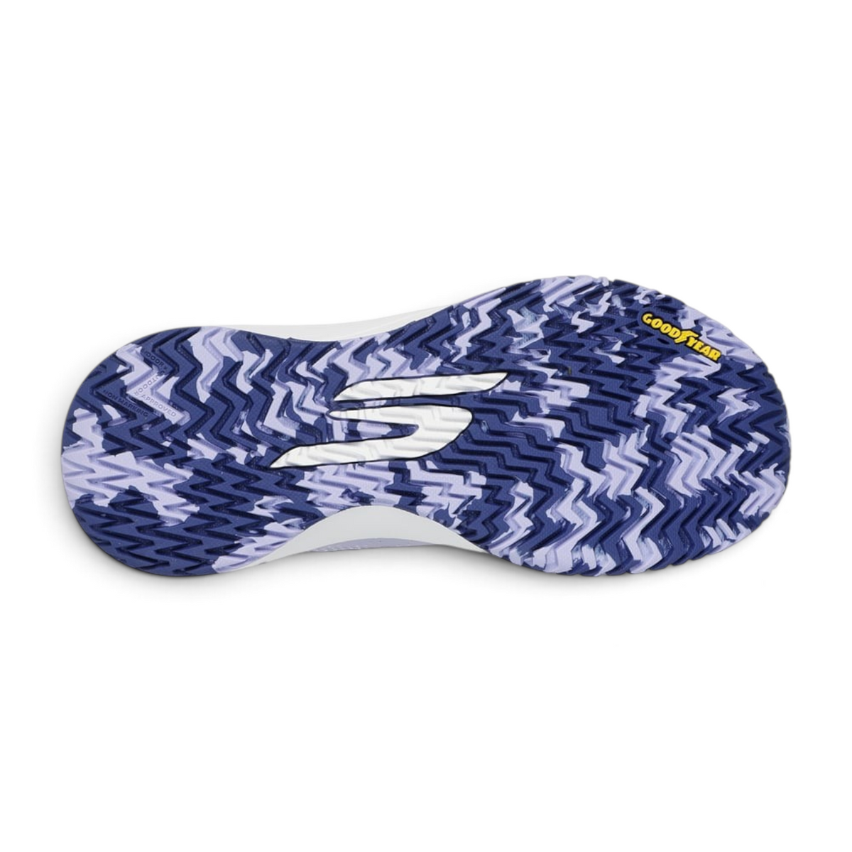FRG Skechers VIPER COURT RALLY sneaker outsole in white and purple with a patterned Goodyear rubber grip