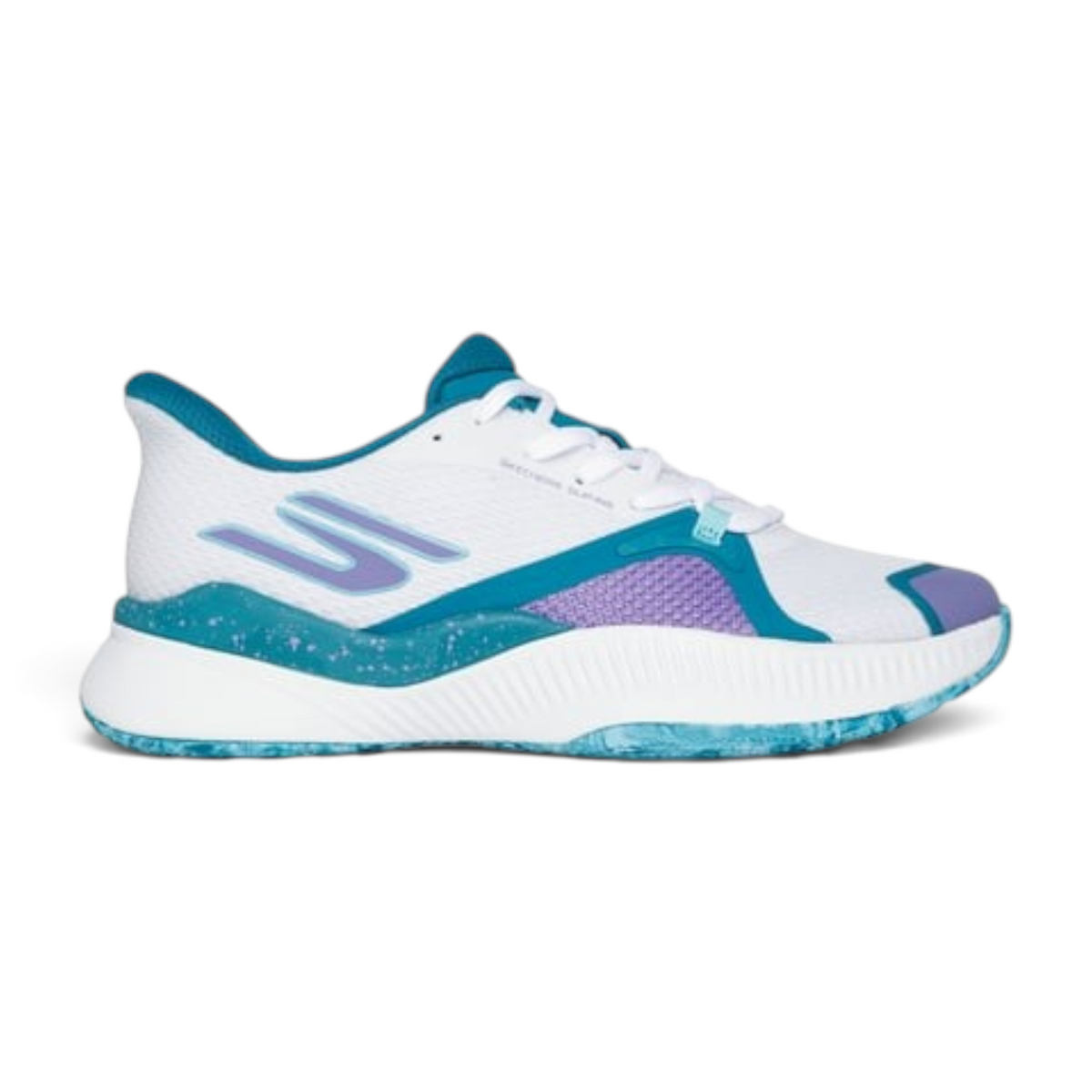 FRG Skechers Slip-ins State Champ tennis shoe in white with turquoise and purple accents and a speckled midsole