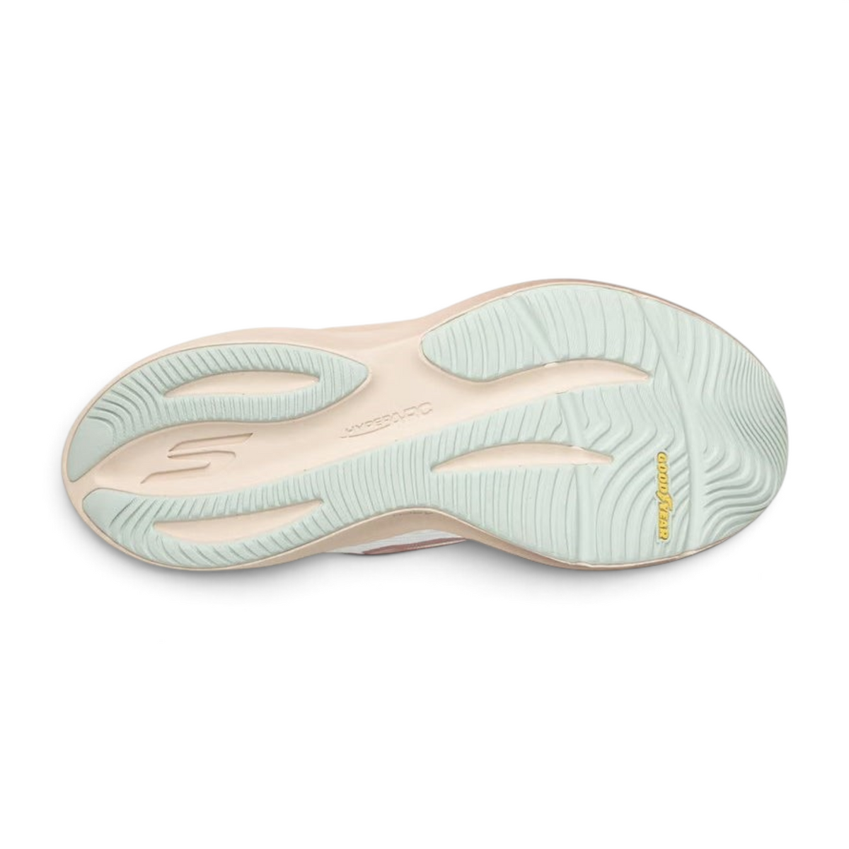 FRG Skechers Slip-ins Aero Pulse running shoe showing the white and rose gold treaded outsole with Goodyear rubber