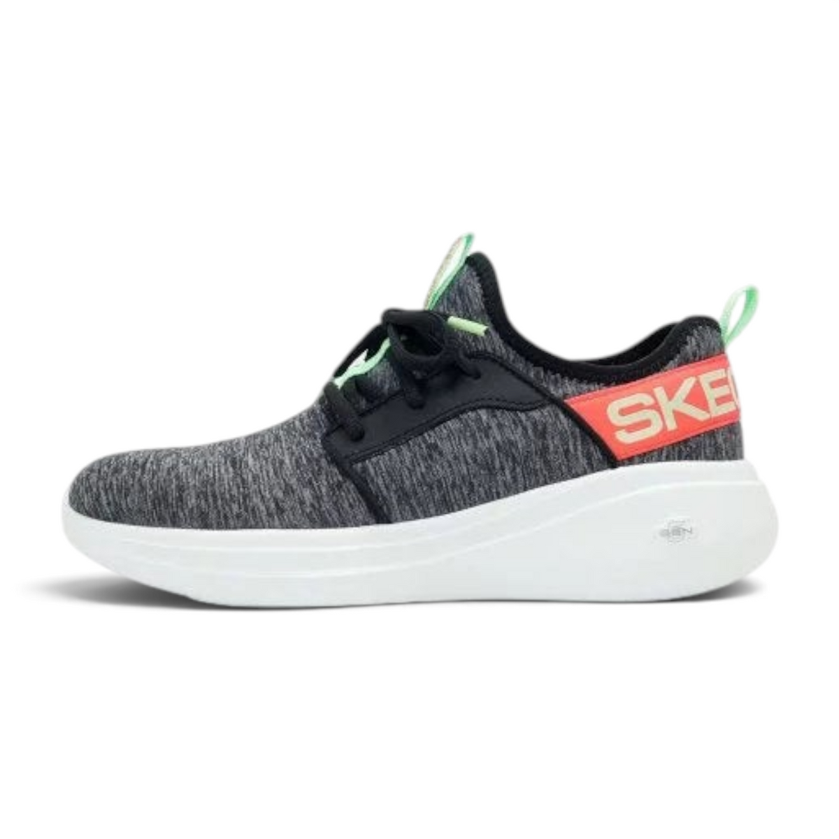 FRG GO RUN FAST running shoe in grey heathered knit with white cushioned sole and neon orange and green accents