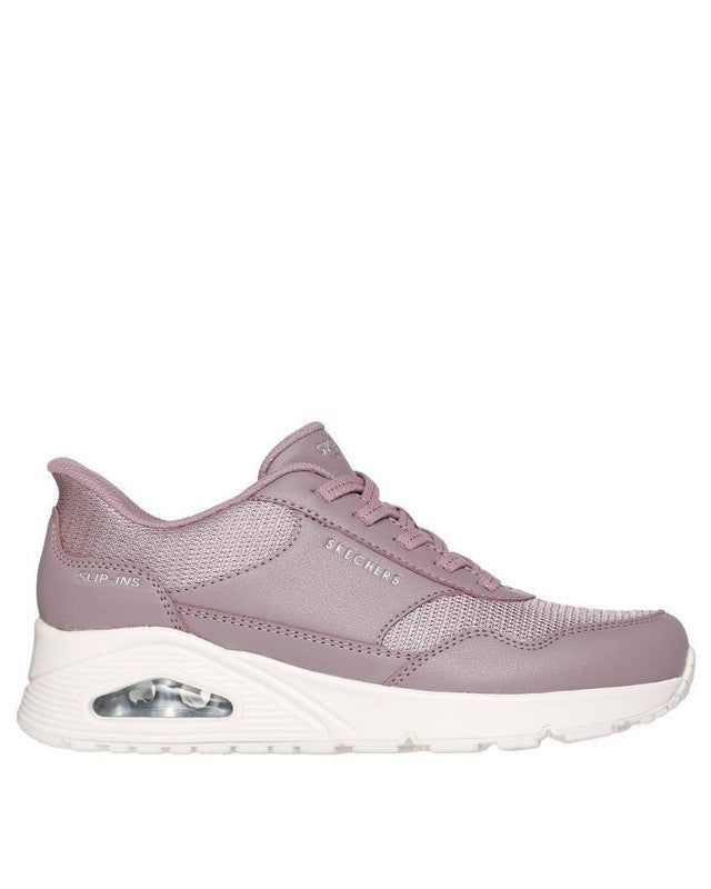 FRG Skechers Uno Banksia mauve sneakers with duraleather and mesh upper, memory foam insole, and visible air midsole.