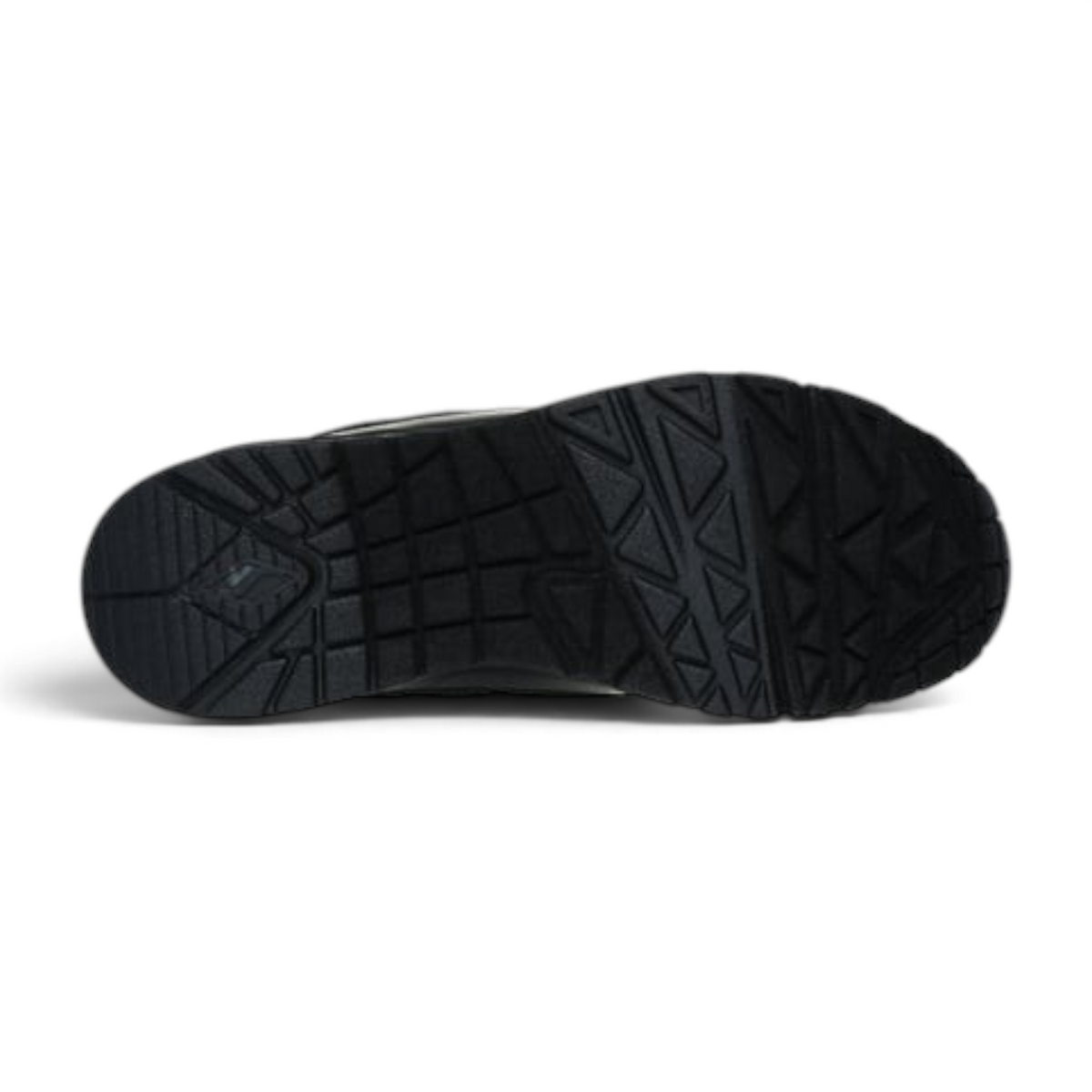 FRG UNO black sneaker showing the textured rubber outsole with geometric tread pattern for traction