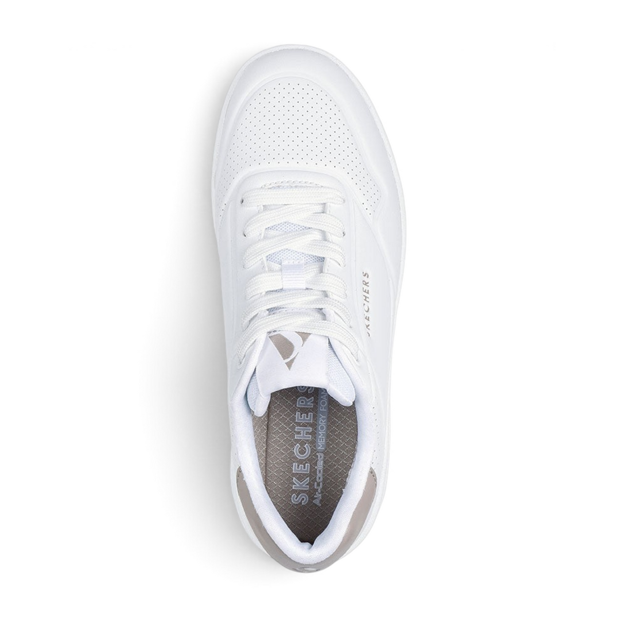 FRG Skechers Uno Court white duraleather sneaker with purple accents and air-cushioned midsole, top-down view.