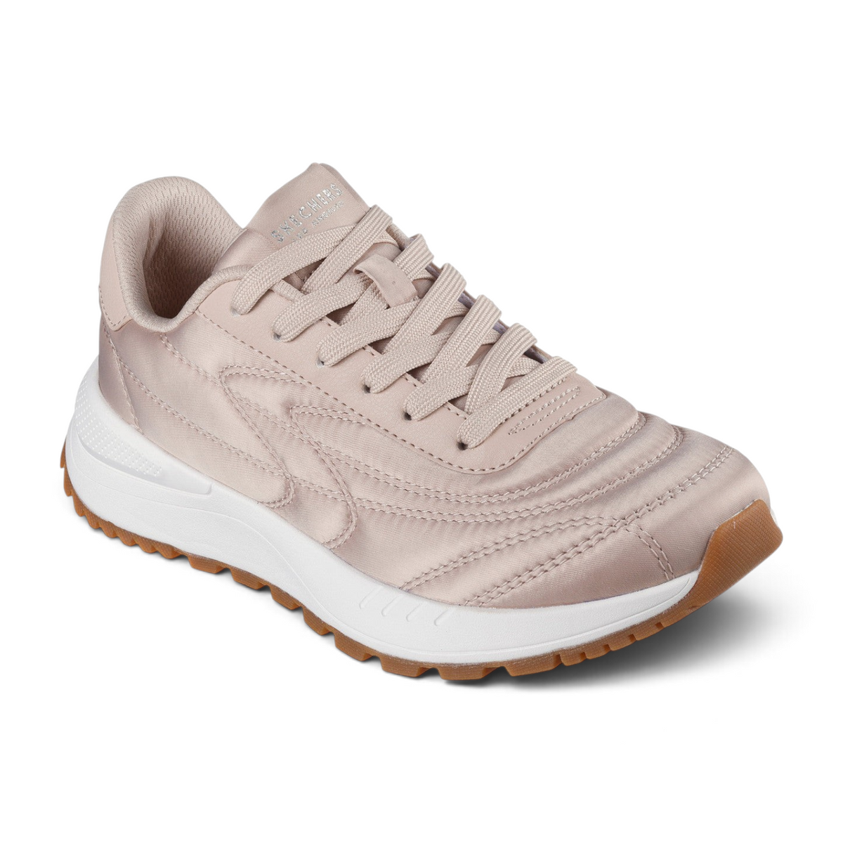 FRG Skechers Fury Plush Waves taupe satin-finish lace-up jogger sneakers with white cushioned midsole and gum sole