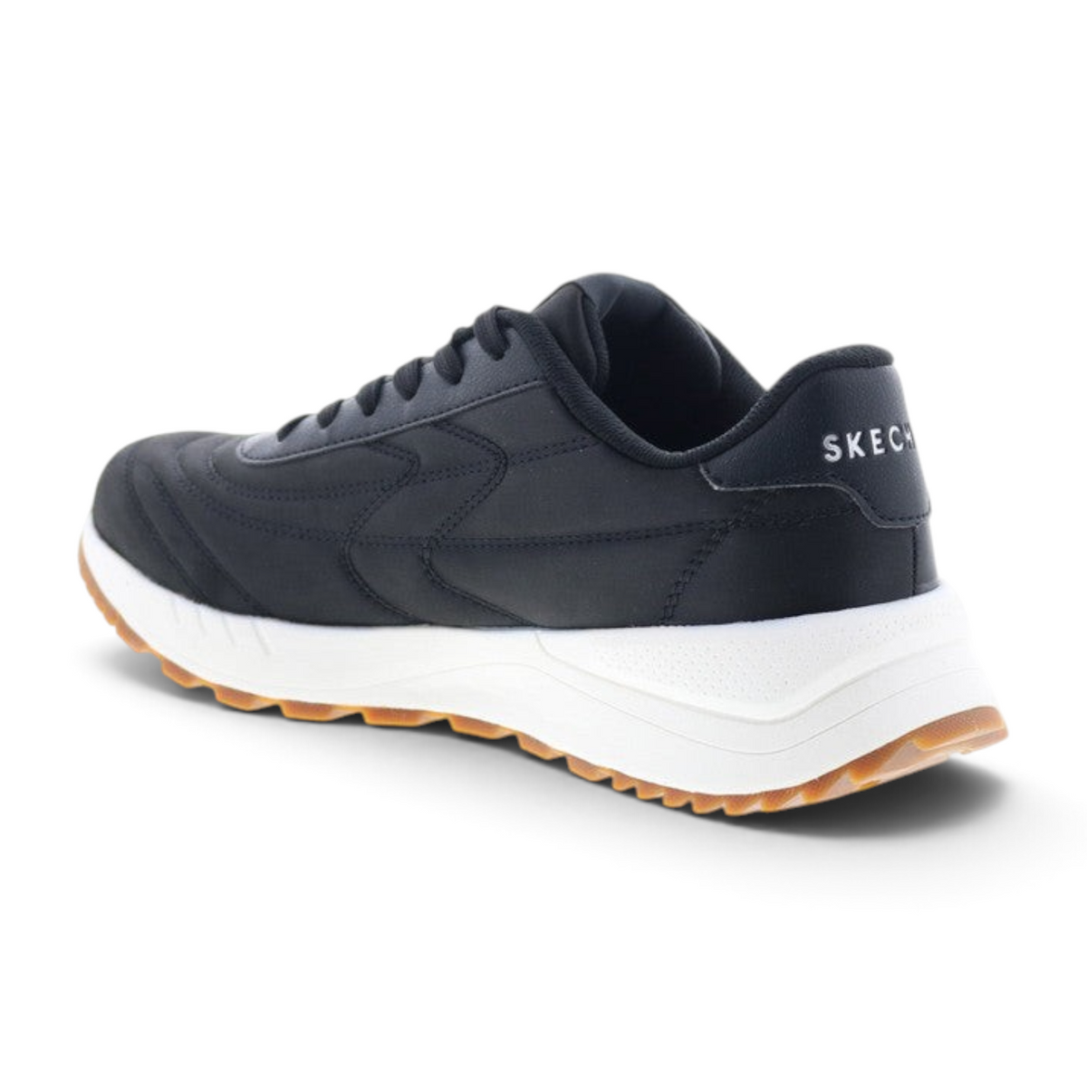 FRG Skechers Fury Plush Waves black lifestyle sneaker with white midsole and gum rubber tread, rear angle view