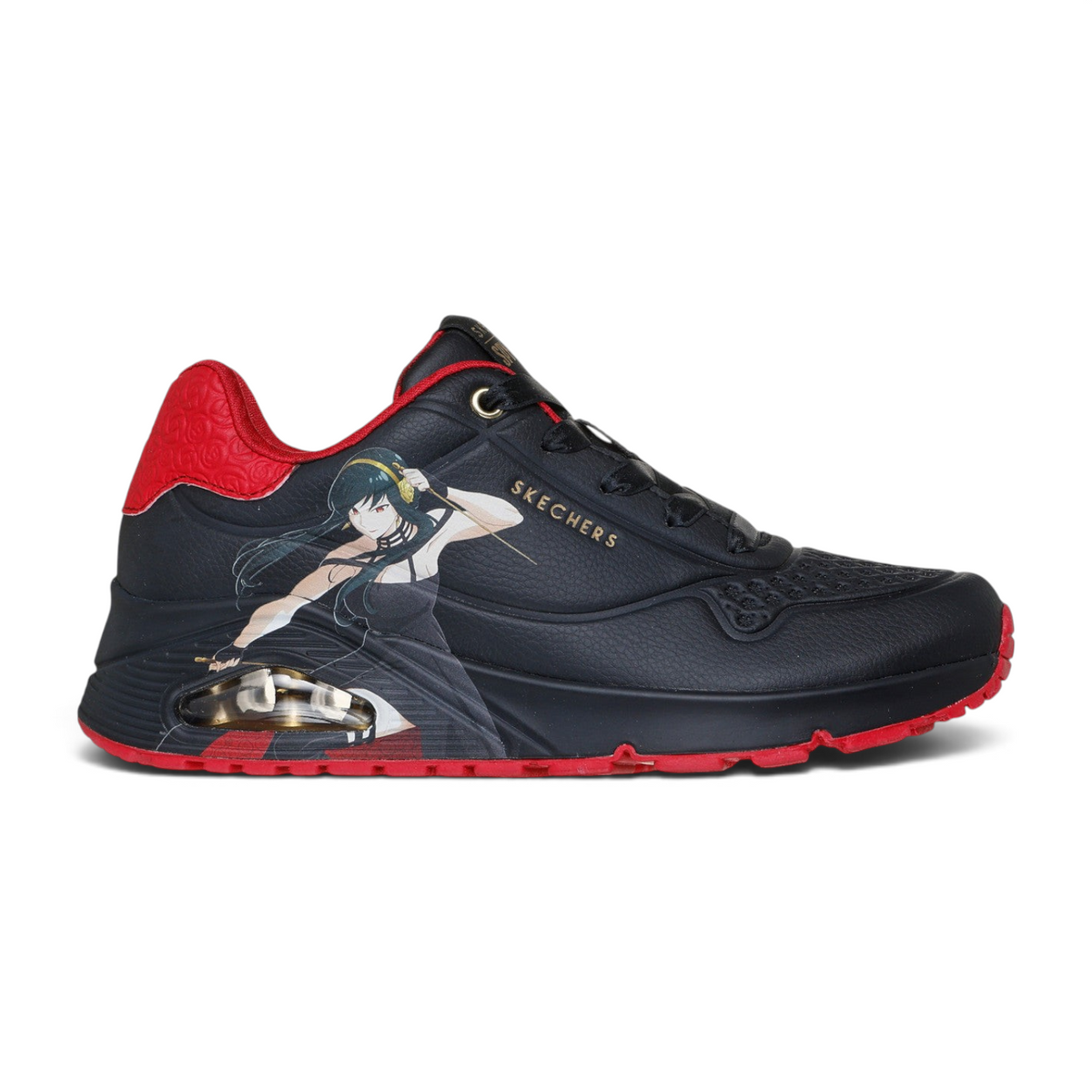 FRG Skechers UNO SPY x FAMILY black durabuck sneaker with red accents and Yor Forger character graphic side view
