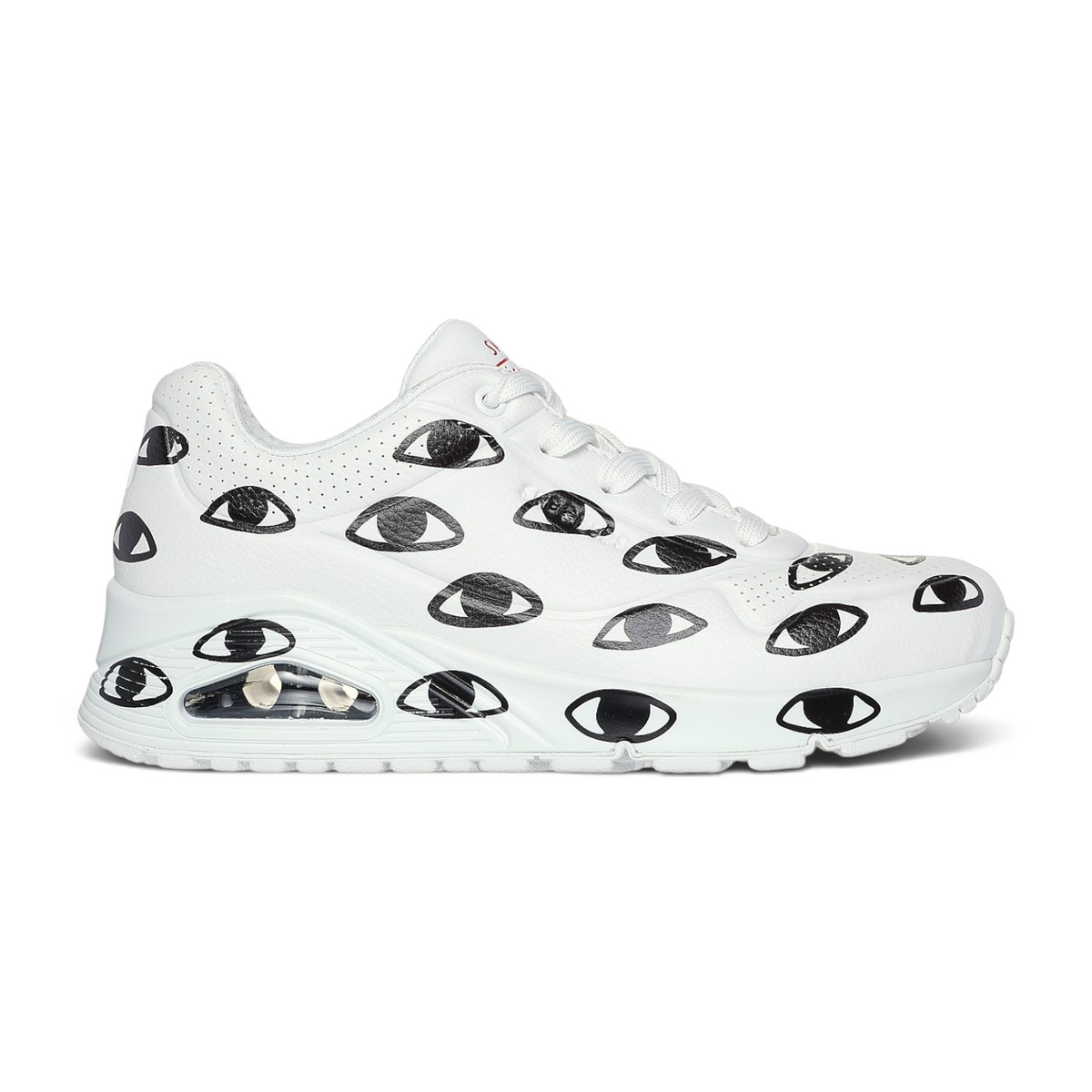 FRG UNO MANY EYES white sneaker featuring a black all-over eye print and a visible air cushioning unit in the sole