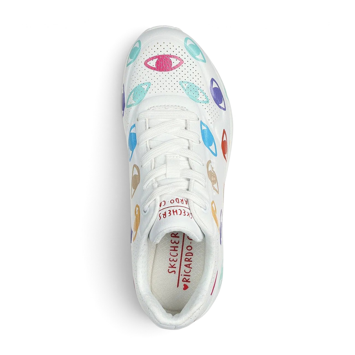 FRG UNO MANY EYES white sneakers featuring a colourful eye print pattern and perforated leather upper