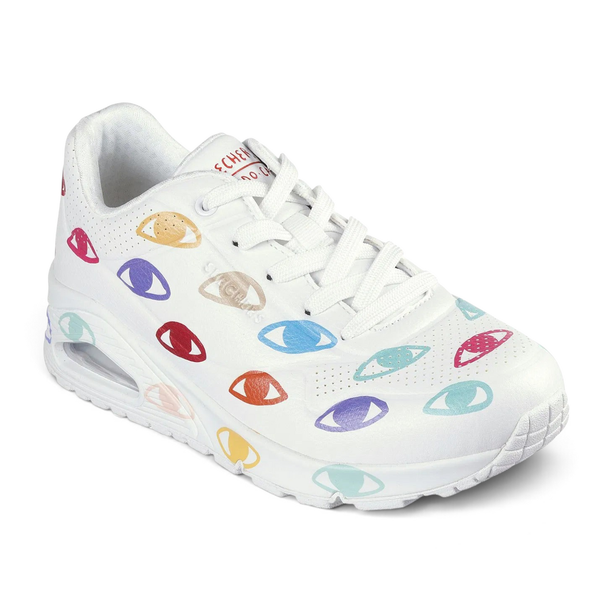 FRG UNO MANY EYES white sneakers featuring a colorful all-over eye print pattern and a chunky cushioned sole