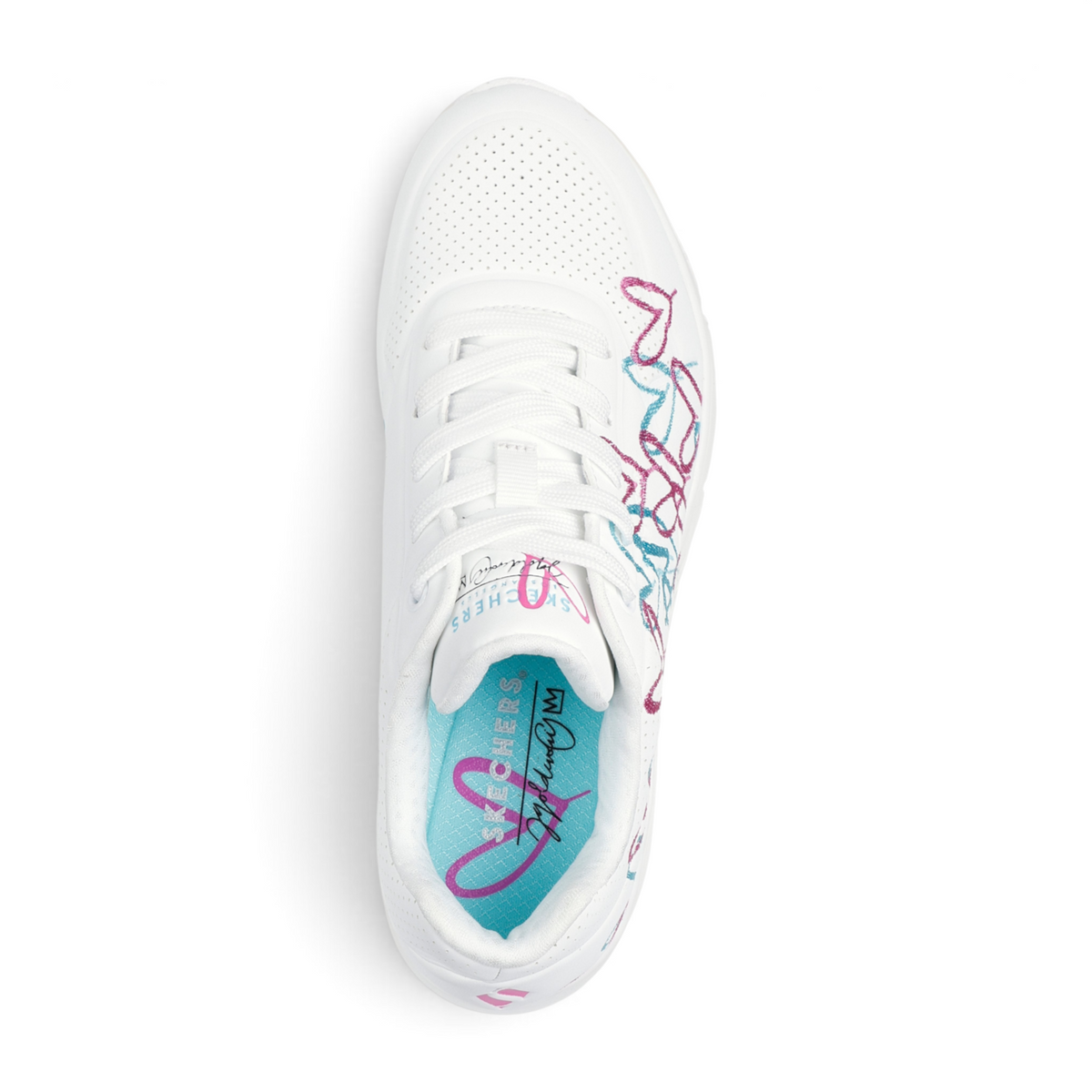 FRG UNO Golden Heart white sneaker with colourful embroidered heart patterns and turquoise cushioned insole