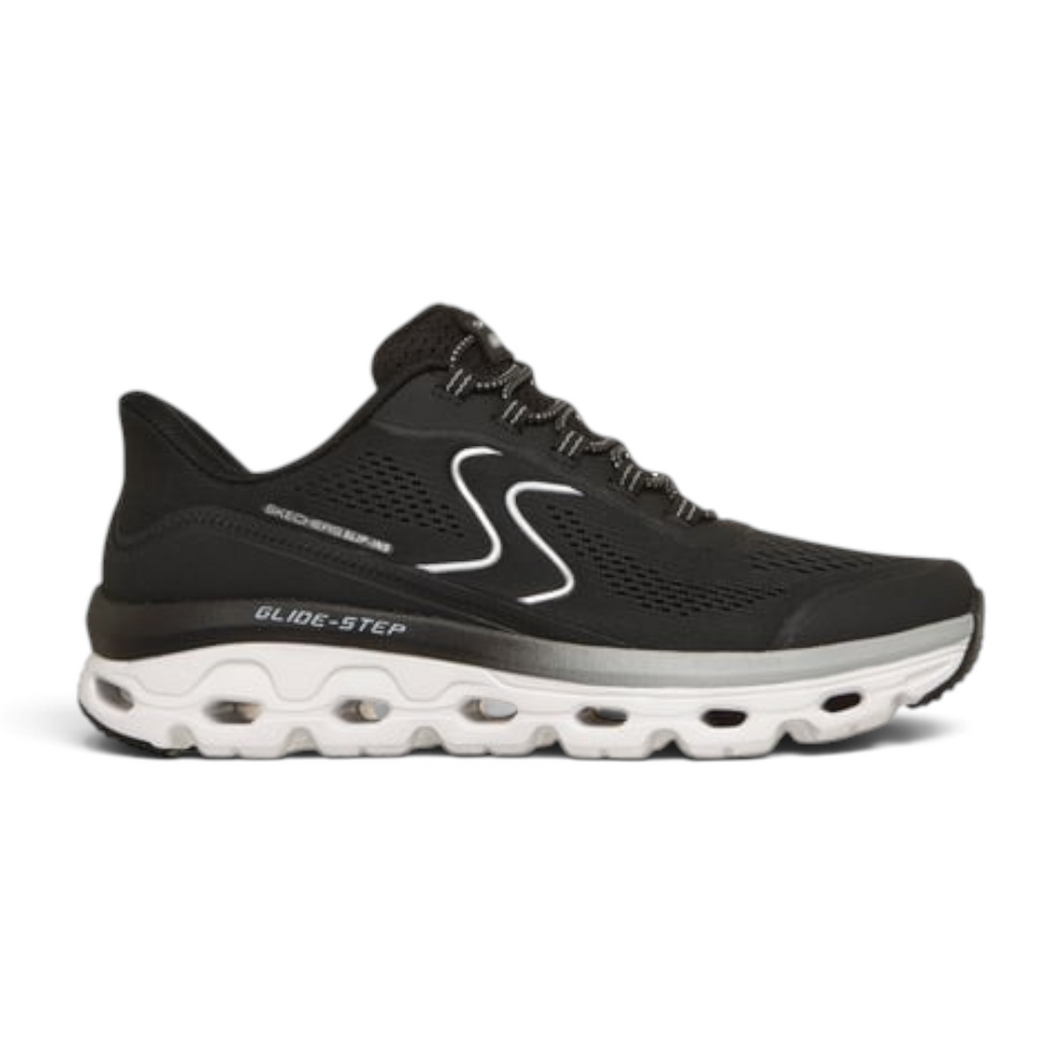 FRG black athletic sneaker with a white Glide-Step cushioned sole and breathable mesh upper for performance walking.