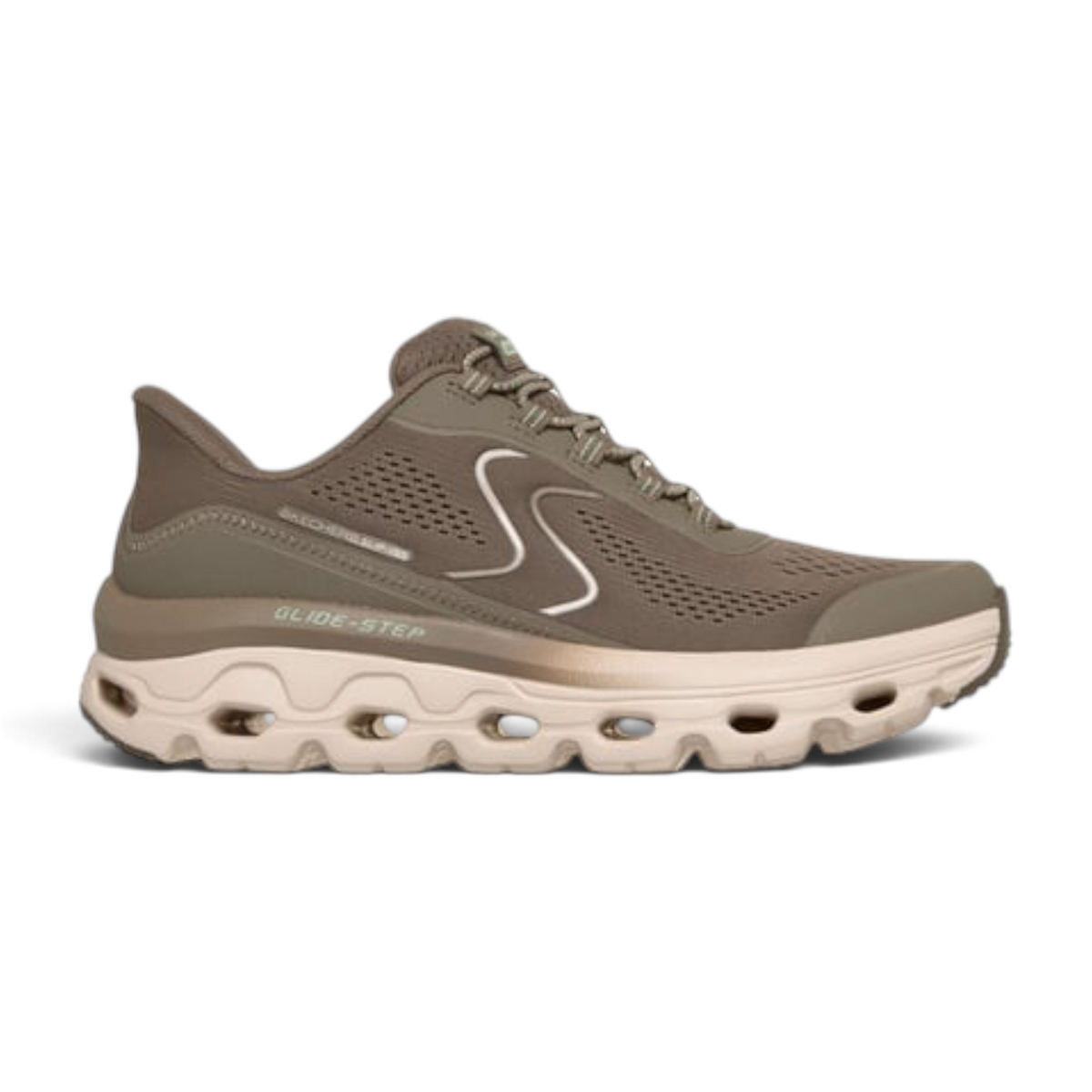 FRG GLIDE-STEP SOLE athletic sneaker in olive green with a chunky, cushioned geometric midsole and mesh upper.