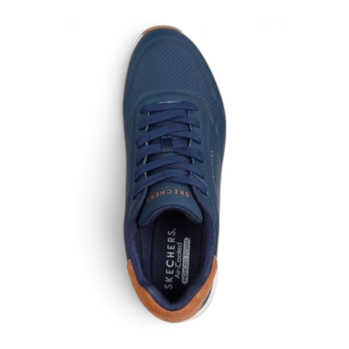 FRG UNO SUITED ON AIR navy blue sneaker with brown heel detail and air-cooled memory foam insole, top view