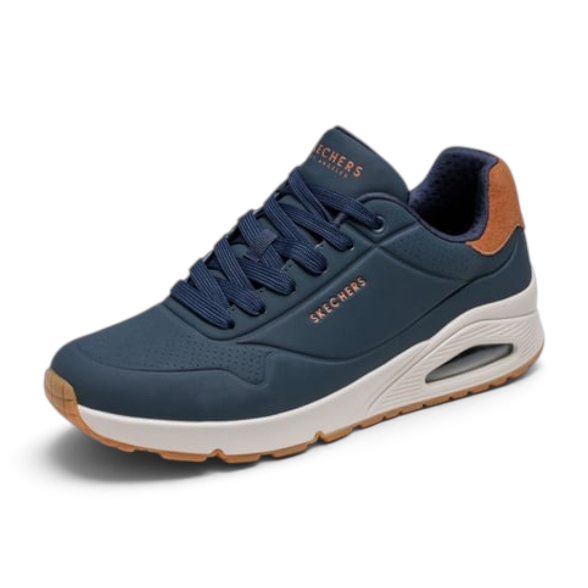 FRG UNO SUITED ON AIR navy blue sneaker with white midsole, brown suede heel detail, and lace-up closure