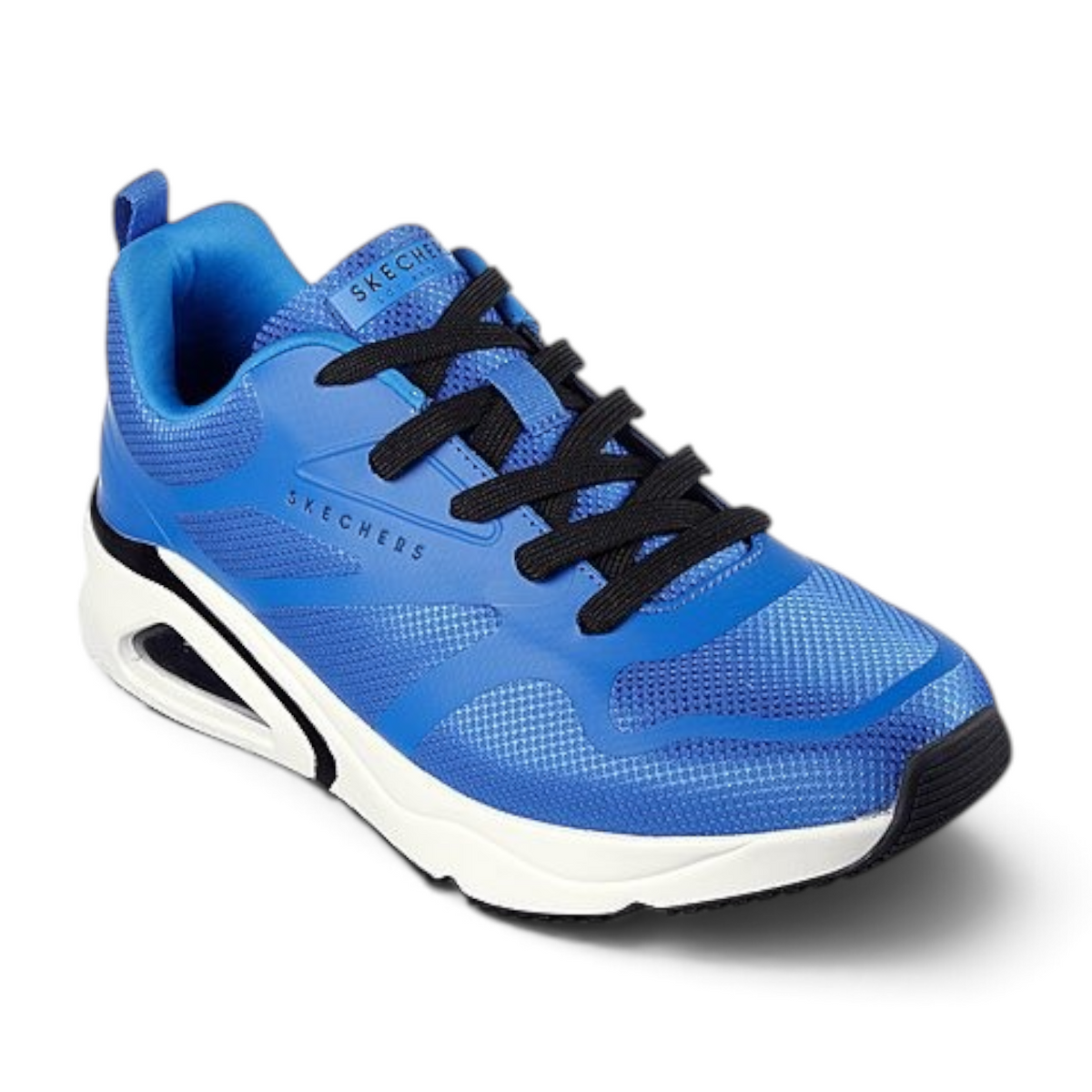 FRG Skechers Tres-Air Uno blue mesh sneaker with black laces, memory foam insole, and visible air-cushioned midsole