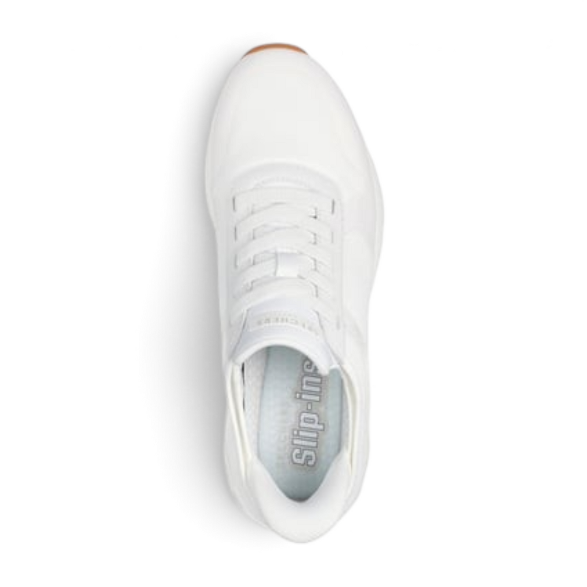 Top view of FRG TRES-AIR UNO white slip-in sneakers with a gum rubber sole and cushioned interior