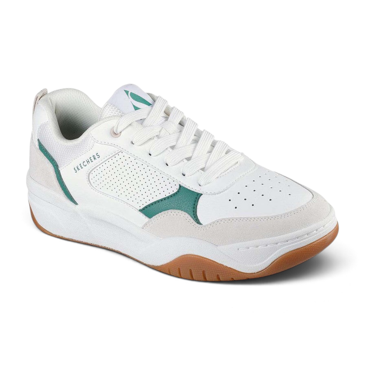 FRG Skechers Odyssey On The Way low-top sneakers in white and green with a supportive court-style gum rubber sole.