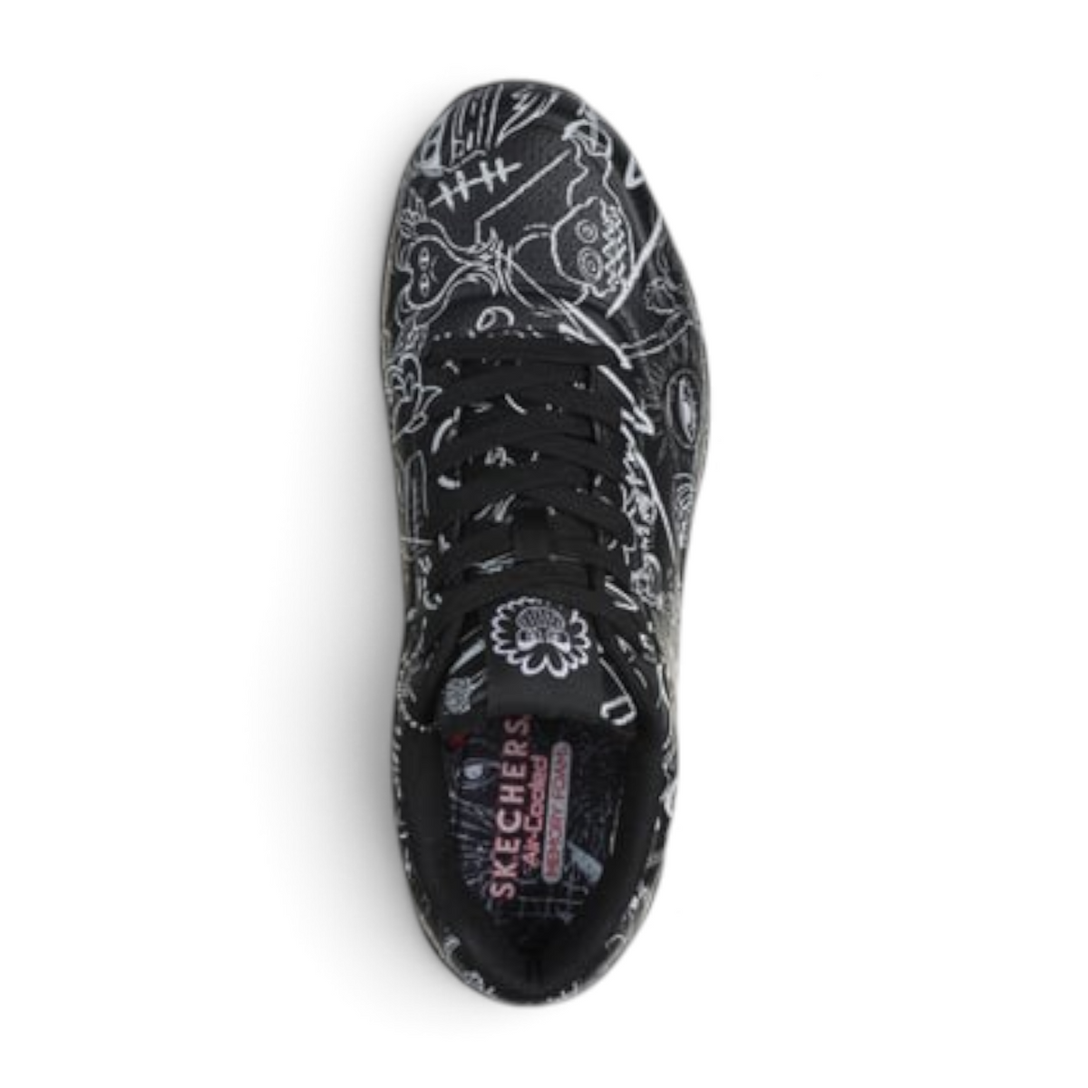 FRG VEXX UNO PROCESS SKETCH sneaker in black with white doodle-style graphic prints and top-down view