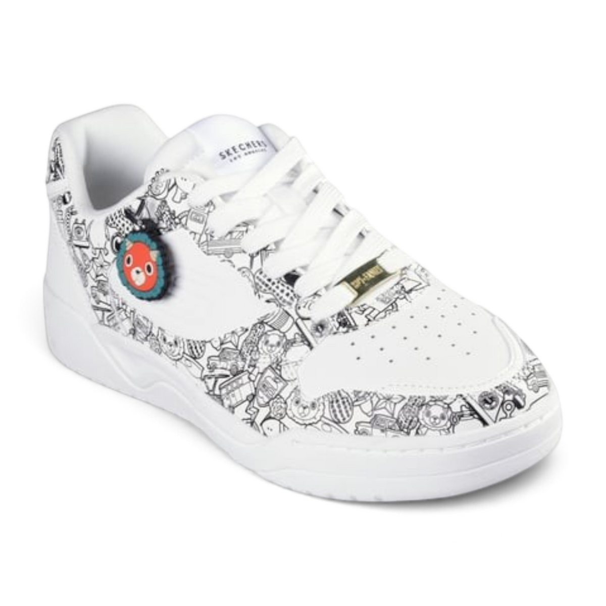 FRG KOOPA Spy x Family white sneakers featuring black and white character print and a small red mascot charm