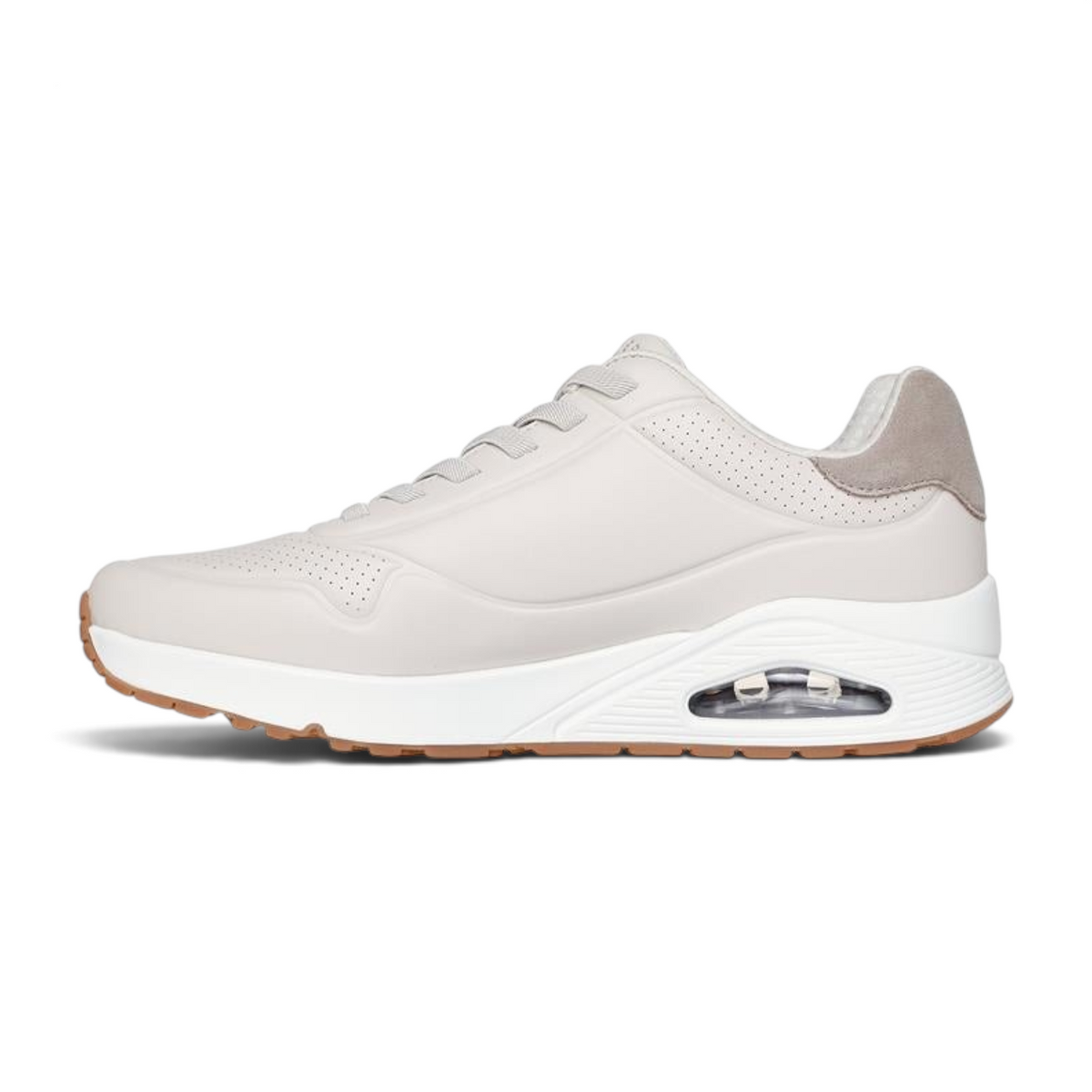 FRG Skechers Uno Retro One taupe sneaker with debossed durabuck upper and visible air-cushioned midsole