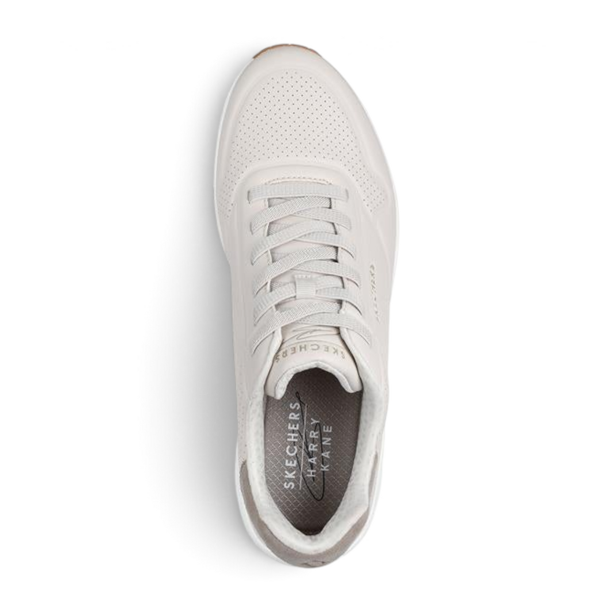 FRG Skechers Uno Retro One taupe sneaker with debossed durabuck upper and visible air-cushioned midsole, top view.