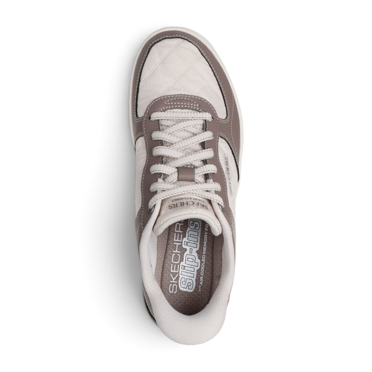 FRG Skechers Cozy Fit Lace Up Sport Court 2.0 sneaker in taupe and brown with quilted detailing and lace-up closure