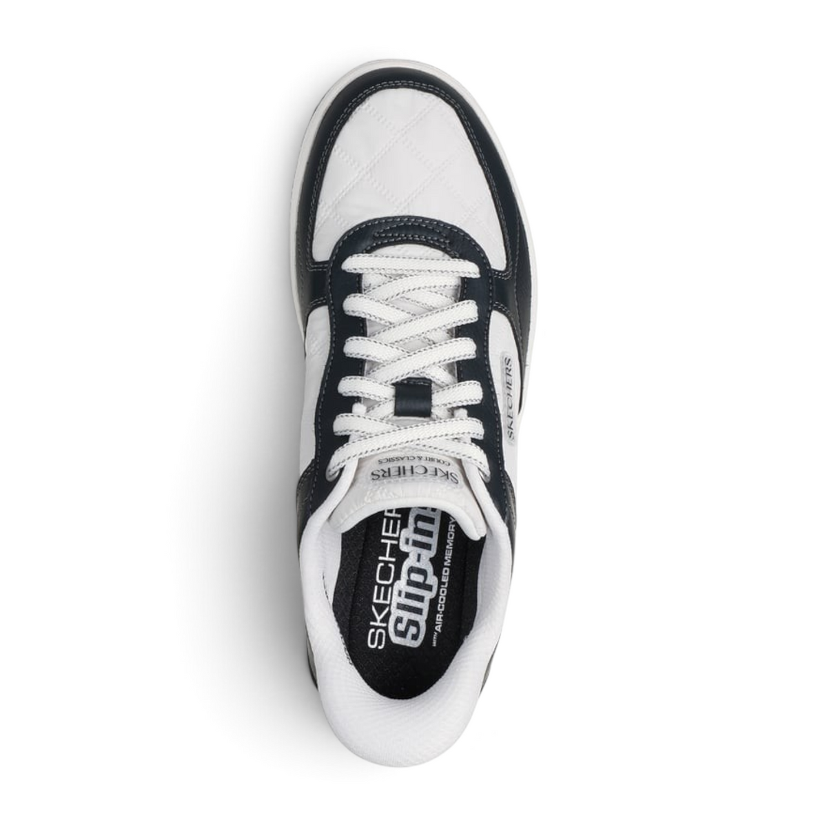 FRG Skechers Cozy Fit Lace Up Sport Court 2.0 sneaker in white and black with a quilted texture and lace-up design.