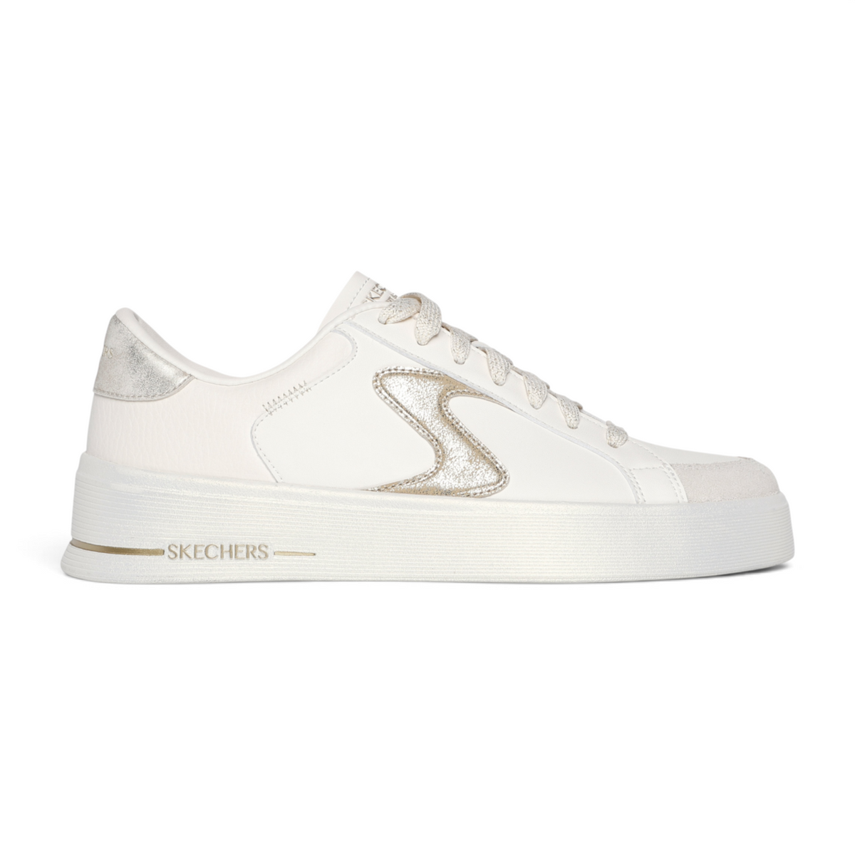 FRG Skechers Hiland Quite Chic white lace-up sneaker with metallic gold trim and hidden wedge heel