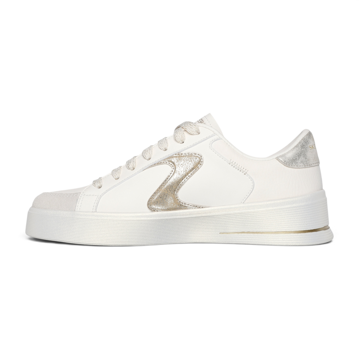FRG Skechers Hiland Quite Chic white lace-up sneaker with metallic gold trim and hidden wedge heel
