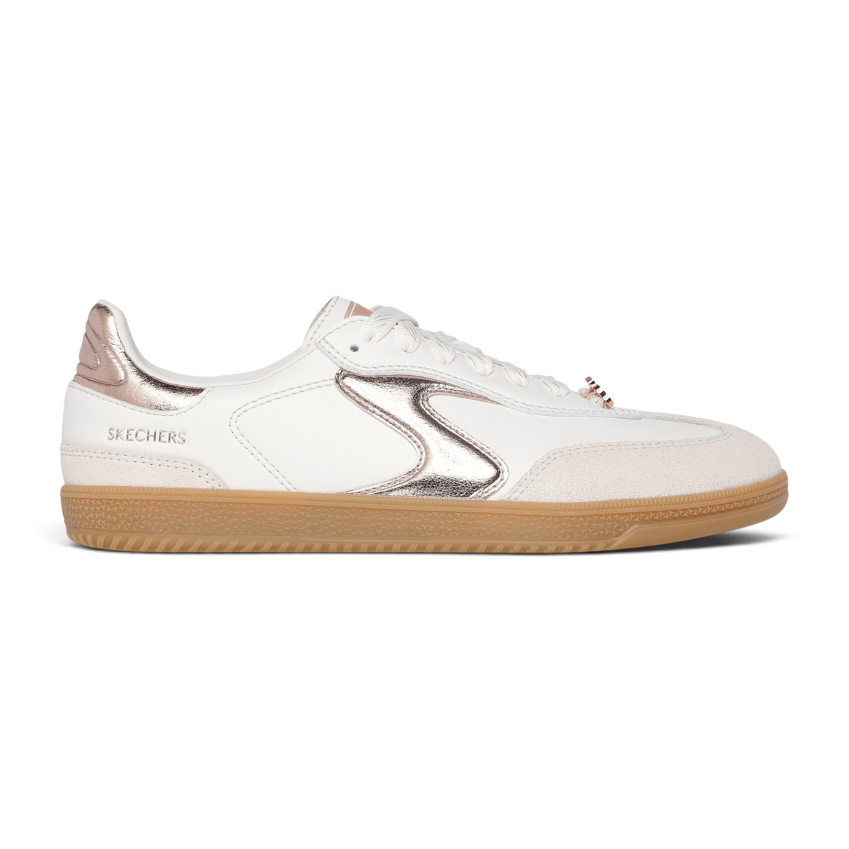 FRG Skechers Hotshot Cool Glow white court sneaker with metallic rose gold accents and gum rubber sole