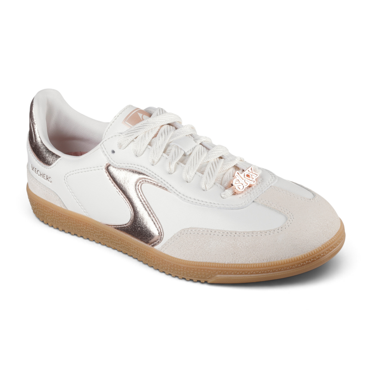 FRG Skechers Hotshot Cool Glow white duraleather court sneaker with metallic rose gold accents and gum rubber sole.