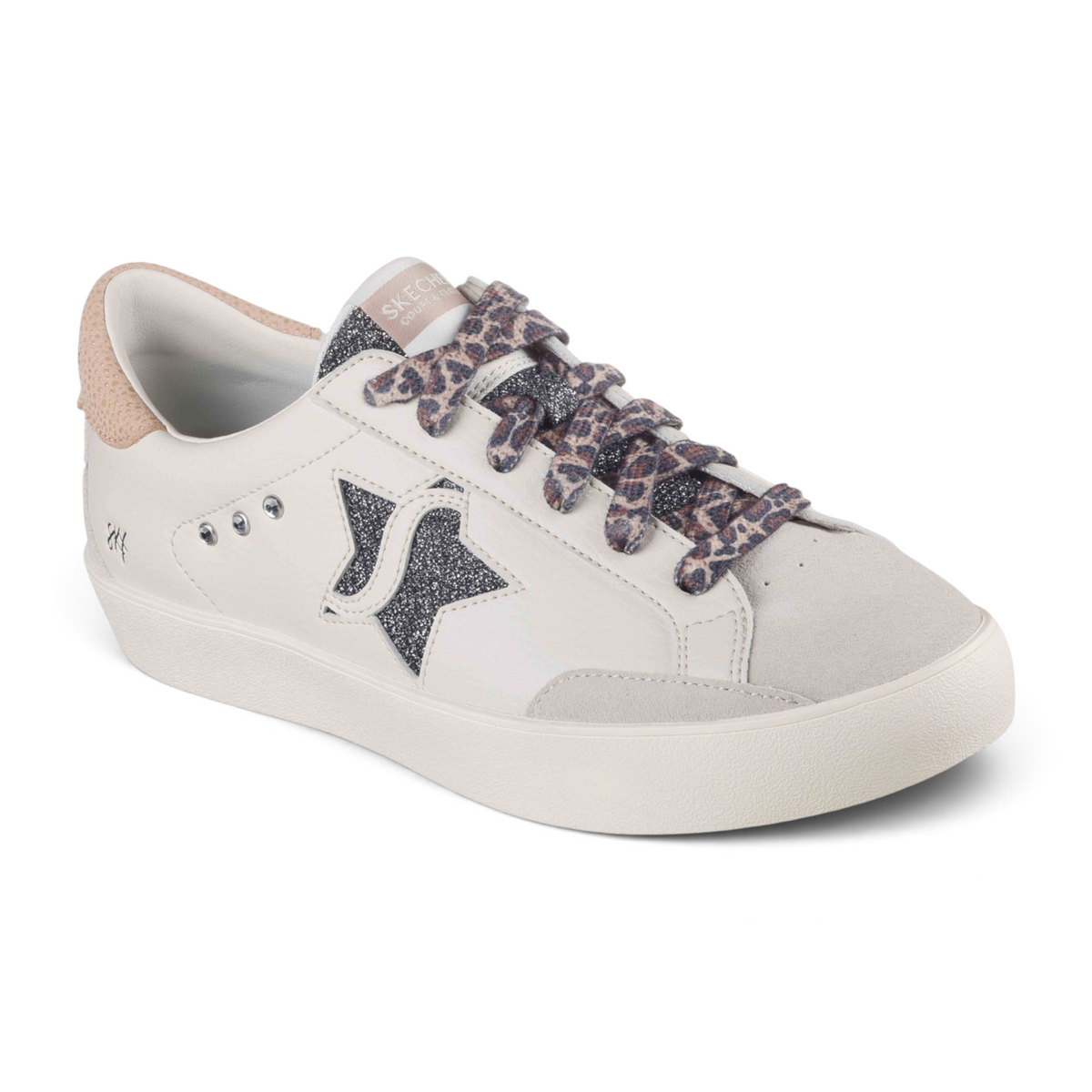 FRG STRAND STAR white leather sneaker with grey suede trim, leopard print laces, and a glitter star side detail.