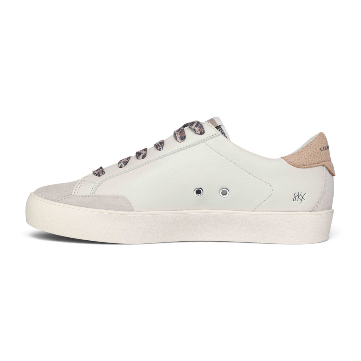 FRG STRAND STAR white leather sneakers with grey suede toe cap, leopard print laces, and tan textured heel tab.