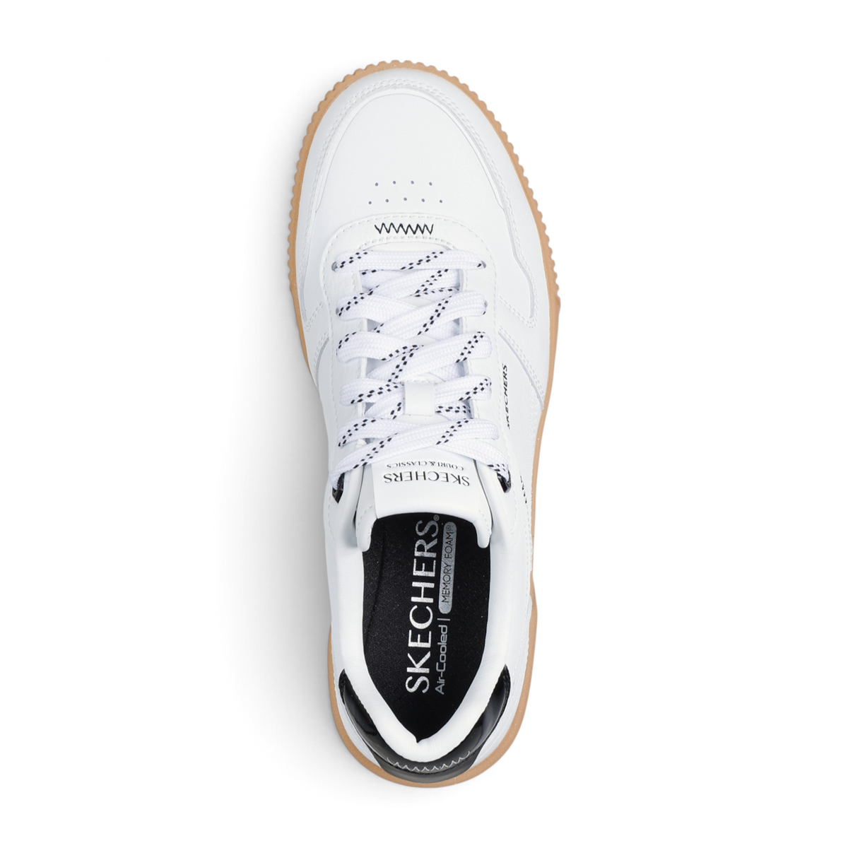 FRG Skechers Jade white duraleather court-style sneaker with lace-up closure and gum rubber sole, top view.