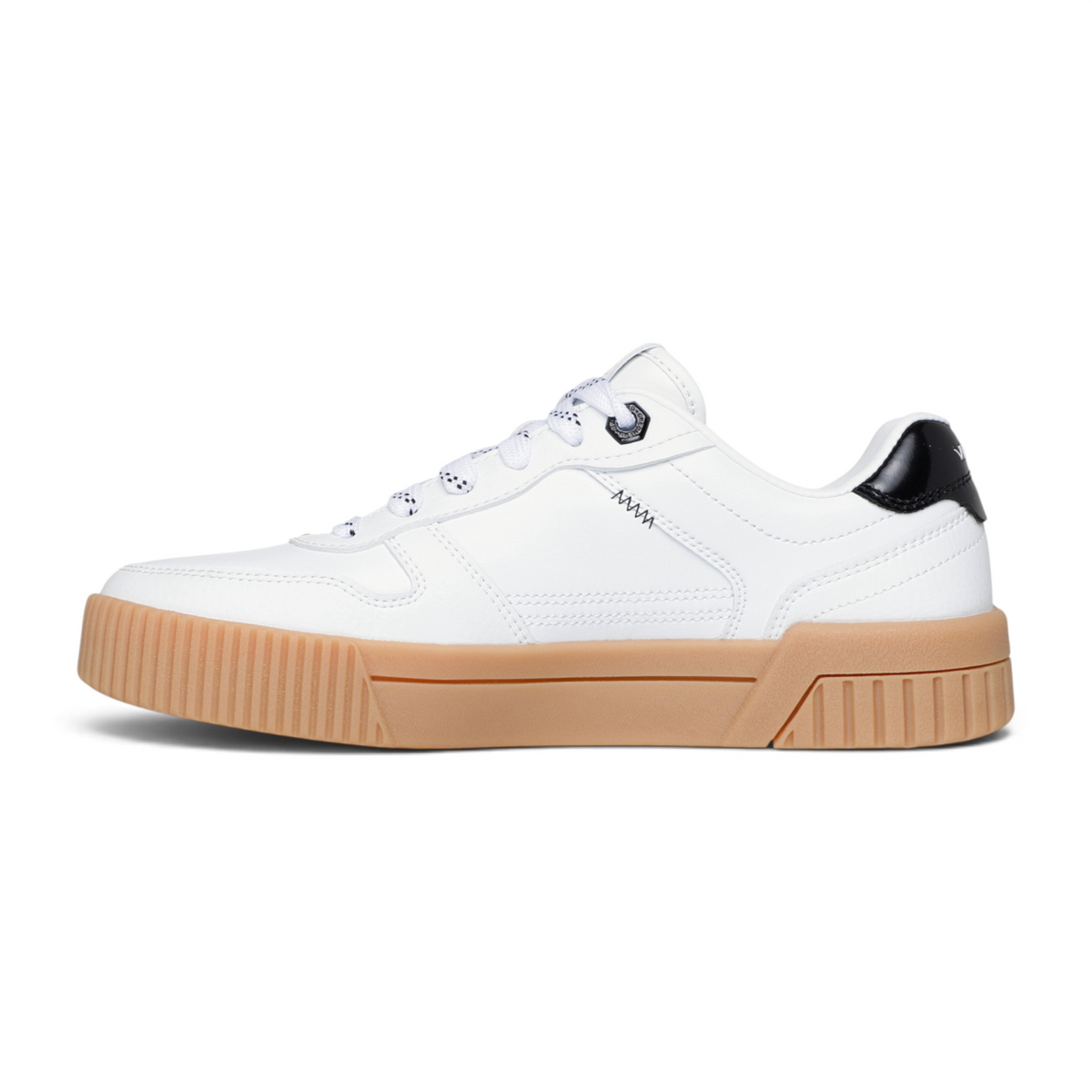 FRG Skechers Jade white duraleather court sneaker with a gum rubber platform sole and black heel accent